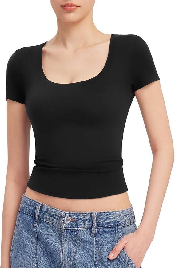 PUMIEY Women's T Shirts Short Sleeve Scoop Neck Basic Going Out Tops Fashion Slim Fit Tee Smoke C... | Amazon (US)