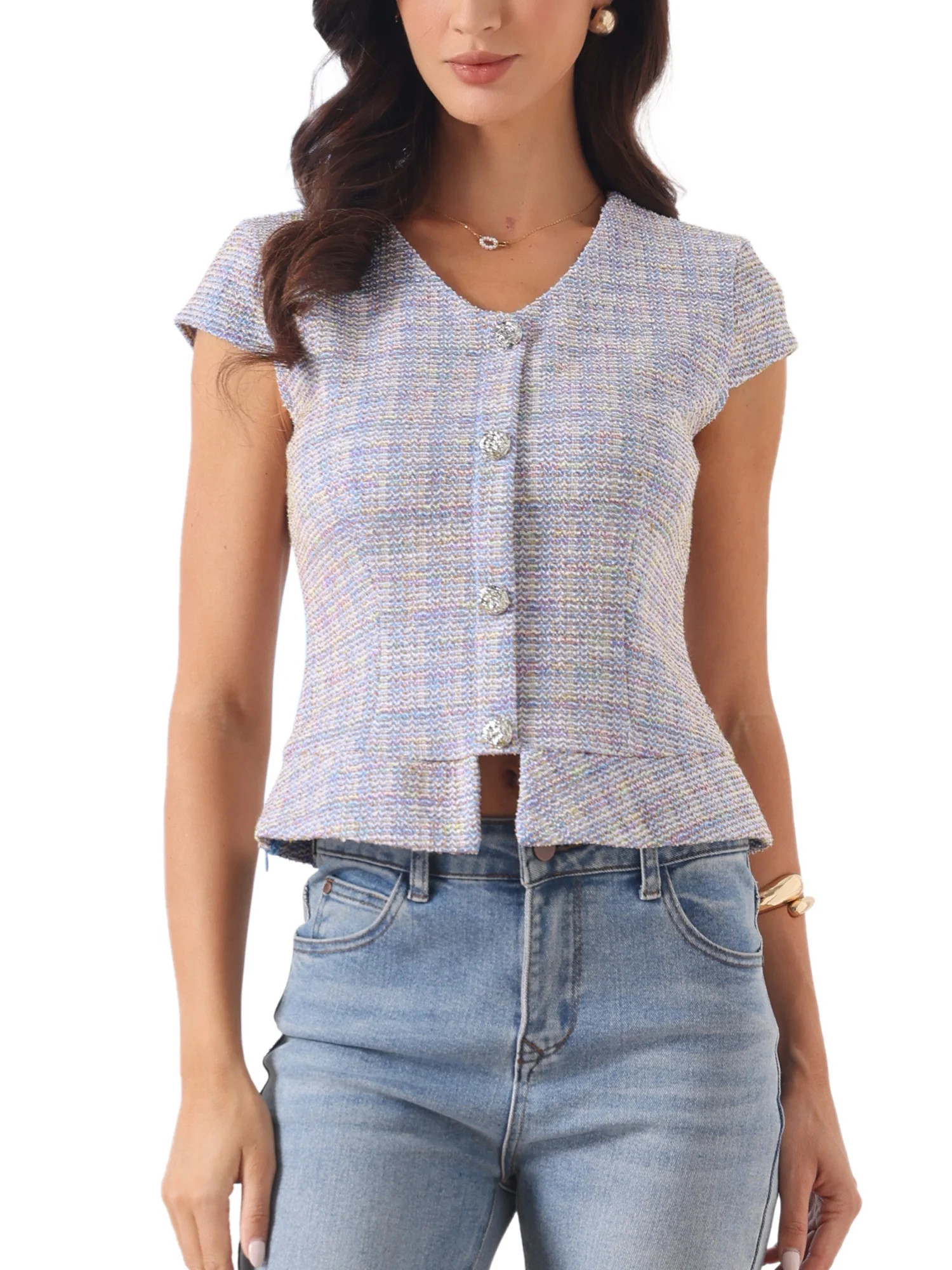 INSPIRE CHIC Tweed Tops for Women's 2026 Button Decor Cap Sleeve Plaid Blouse XS Blue | Walmart (US)
