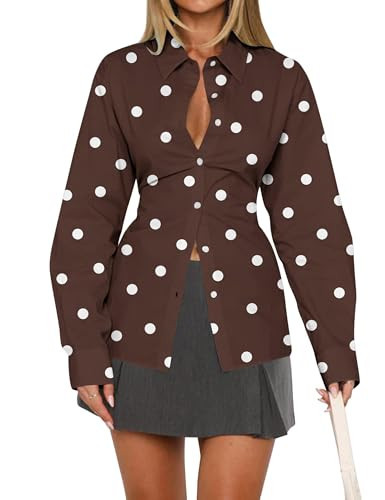 HOCANDY Women Polka Dot Blouse Cinched Waist Tie Back Corset Blouses Long Sleeve Button Down Shirts Lapel Collar Tunic Shirt | Amazon (US)