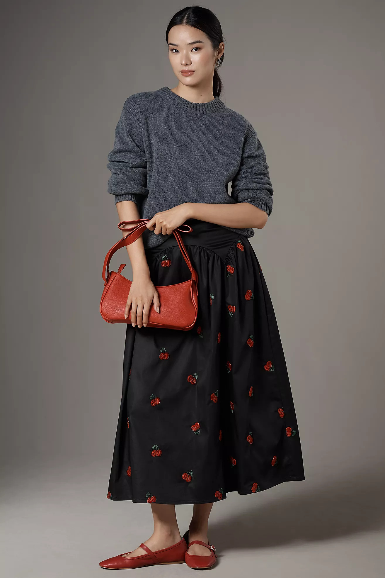 Avec Les Filles Cherry Appliqué Full Midi Skirt | Anthropologie (US)