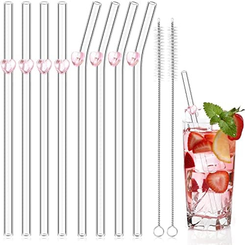 Yinkin 8 Pcs Glass Straws Heart Reusable Cute Straws Charm 8'' Bend with 2 Cleaning Brushes for D... | Amazon (US)