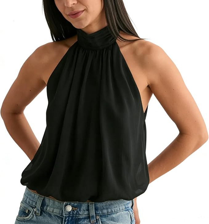 Women Chiffon Halter Tops Open Back Mock Neck Y2k Sleeveless Tanks Flowy Bubble Hem Cami Going Ou... | Amazon (US)