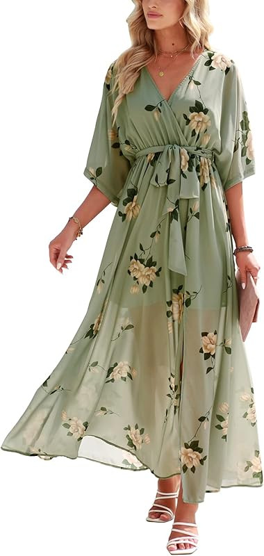 ANRABESS Women’s Summer Loose Kimono Maxi Dress Wrap V Neck 3/4 Sleeve Floral Print Slit Long D... | Amazon (US)