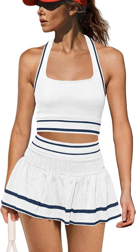 Yanekop Womens Tennis Skirt Set 2 Piece Workout Sets Golf Outfits Athletic Sets Cropped Tank Top ... | Amazon (US)