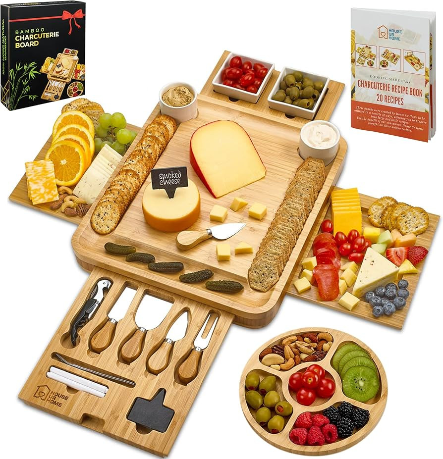 Large Charcuterie Board Set - Bonus Recipe Book - 2 Ceramic Bowls & Plates, 4 Magnetic Drawers Ba... | Amazon (US)