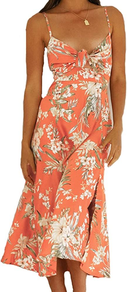 Manheat Women Print Dress Chest Strap Elastic Waist Slip Dress with Split Side | Amazon (US)