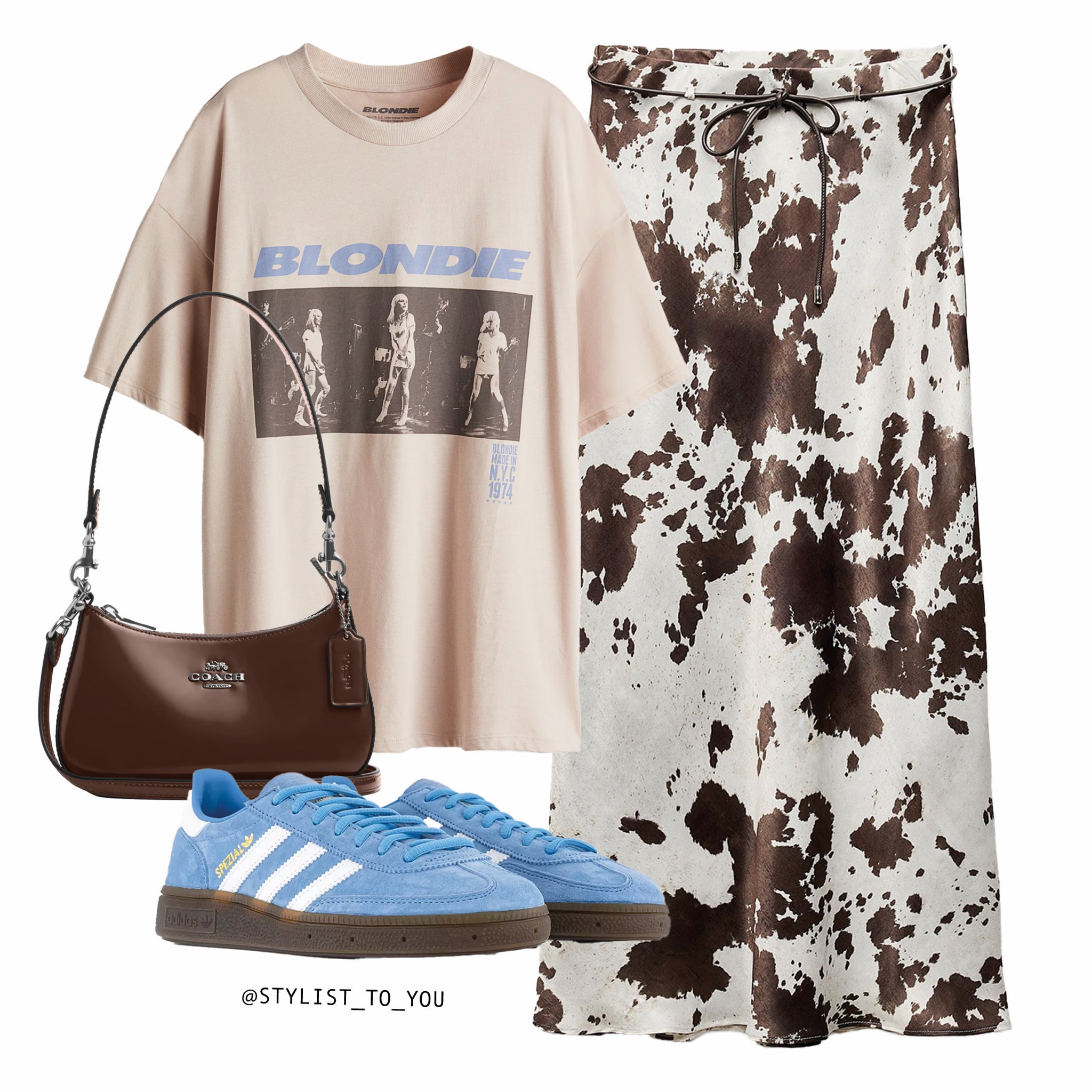 Spotted: The print that’s taking over street style 🐄

Styling a trendy and edgy outfit flat lay featuring a vintage-inspired oversized Blondie graphic band T-shirt in a soft beige tone, paired with a bold brown and cream off white cow-print satin midi midaxi maxi long skirt. Accessories include a sleek brown Coach shoulder bag with silver hardware and a pair of statement blue Adidas spezial trainers sneakers with white stripes and a gum sole. The look blends retro rock band aesthetics with modern street style and playful patterns for a unique, fashion-forward vibe. Ss25, retro fashion, vintage band tee, street style aesthetic, cow print trend, bold patterns, effortless cool, casual statement, graphic tee outfit, sporty chic, music-inspired fashion, modern retro, statement skirt, urban style, sneaker styling, edgy fashion, relaxed glam, nostalgic vibes, unique combinations, everyday cool, playful styling, downtown fashion, fashion risk-taker, versatile statement, casual meets bold, mix and match, elevated casual, contemporary streetwear, unconventional styling, trend fusion, off-duty, model look.

#LTKstyletip #LTKspring #LTKuk