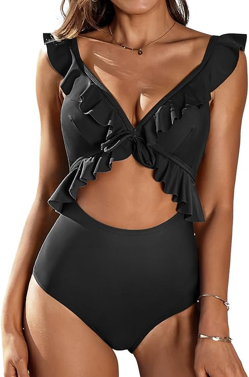 Womens Ruffle Cut Out One Piece Swimsuits Strappy Monokinis Swimwear Bathing Suits | Amazon (US)