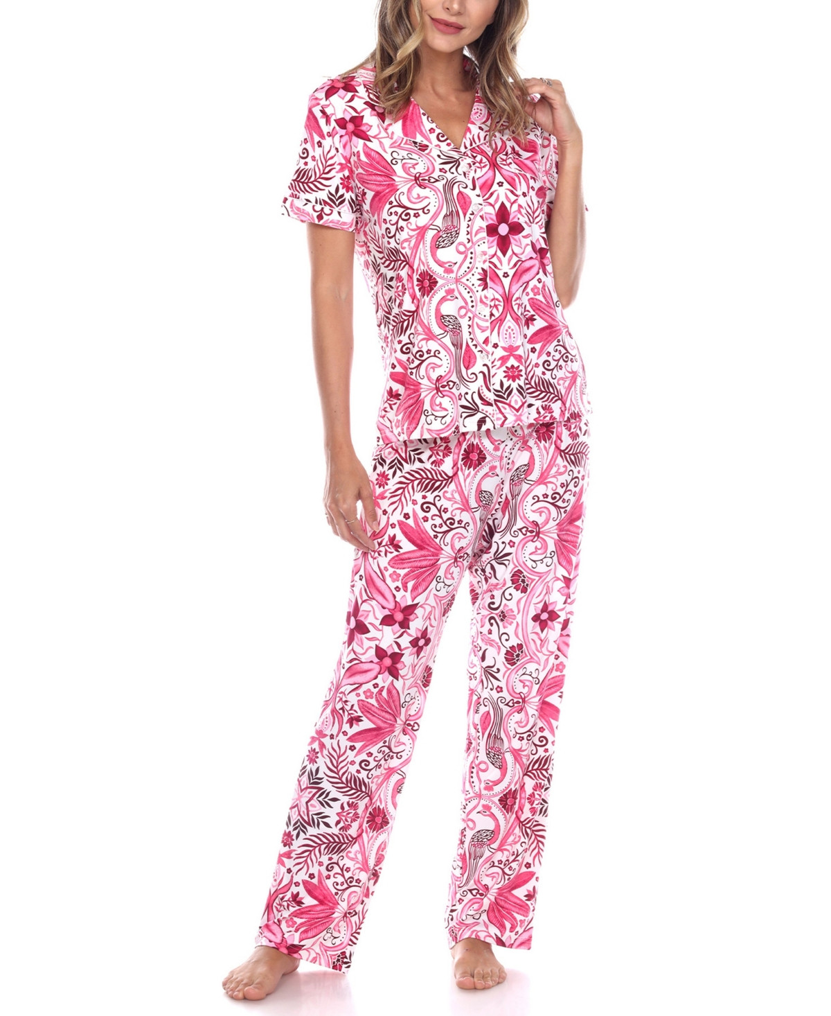 White Mark Women's Short Sleeve Pants Tropical Pajama Set, 2-Piece - White, Pink | Macy's