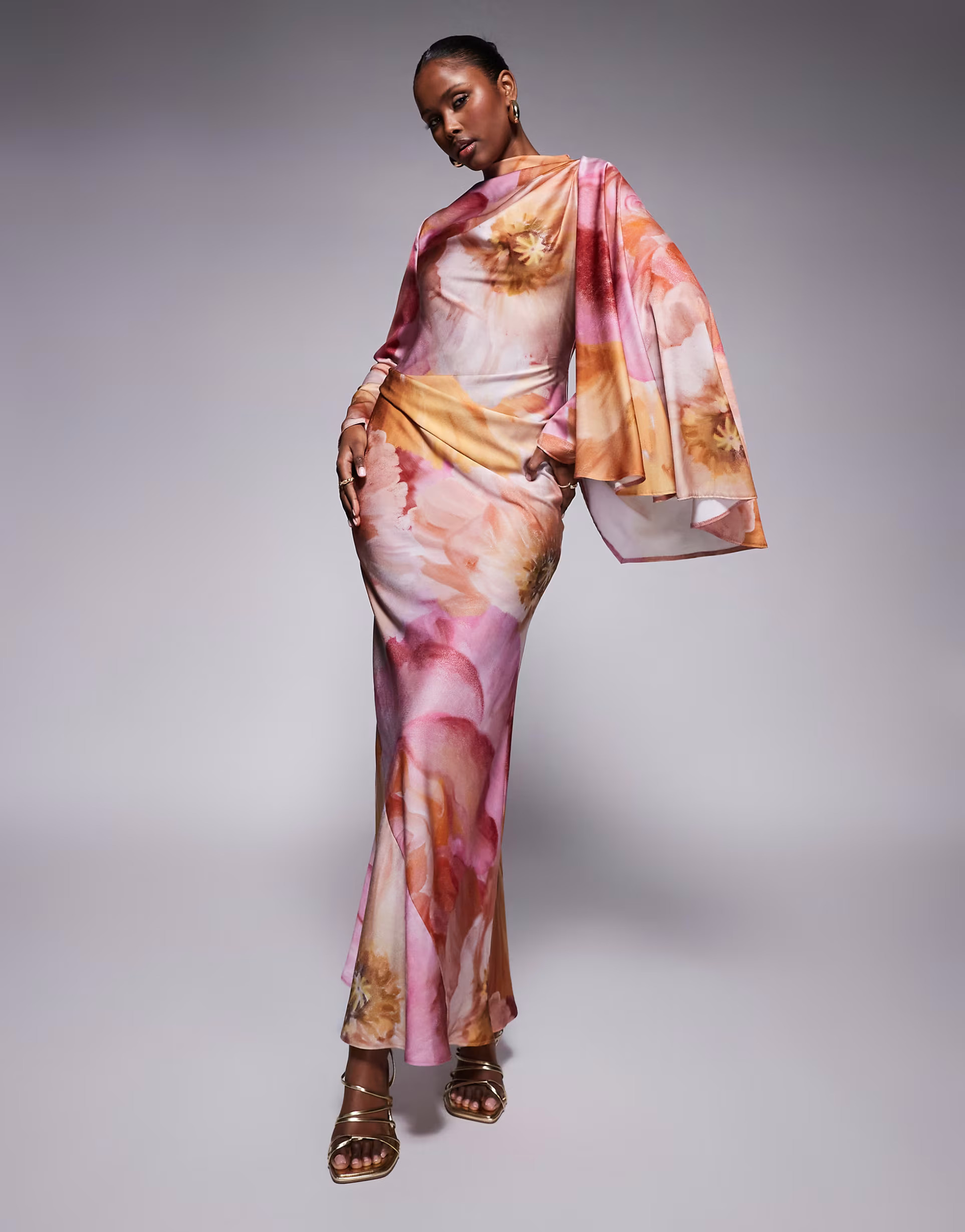 ASOS DESIGN draped satin bias cut maxi dress with scarf overlay detail in overblown floral print | ASOS (Global)