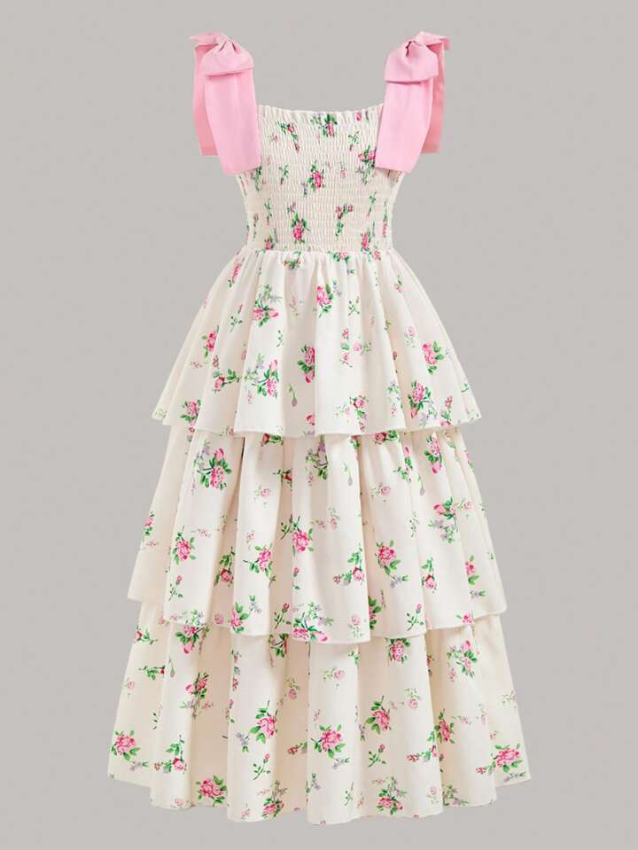 Tween Girl Floral Print Dress With Detachable Bow Shoulder Straps, Elegant Spring/Summer | SHEIN