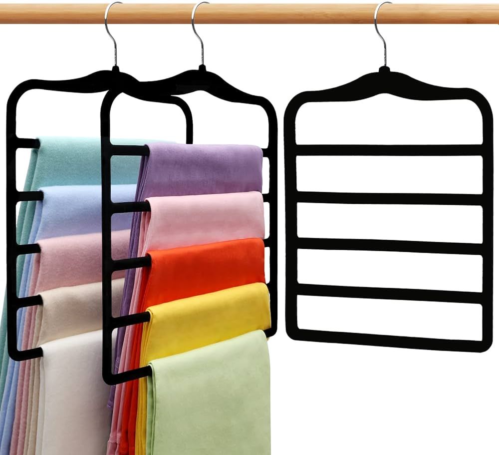 Closet Organizers and Storage,3 Pack Velvet Pants-Hangers-Space-Saving,Non Silp 5 Tier Organization- | Amazon (US)