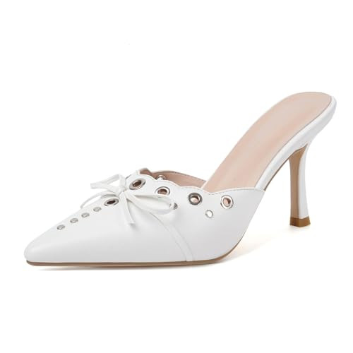olomisa Womens Suede Bow Tie Mules Studded Pointed Toe Kitten Heel Sandals Slip On Stiletto for Parties and Wedding White | Amazon (US)