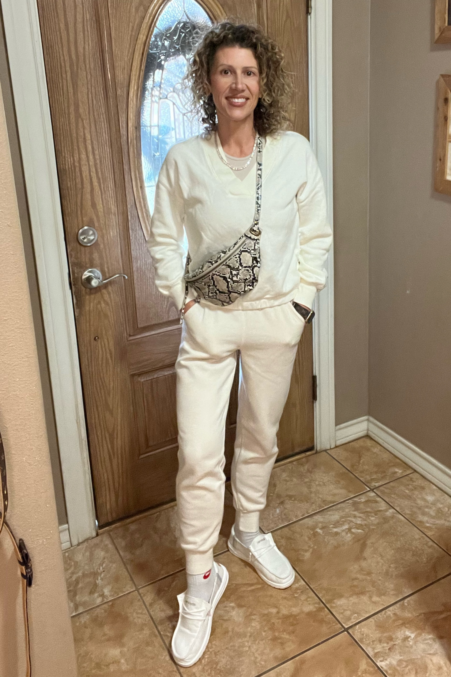 Comfy casual outfit, perfect for weekend clinic, errands or just staying home. Shirt is extra small from @walmart , pants small from @target, shoes Heydudes, belt bag from @amazon, jewelry @melindamaria 

#LTKworkwear #LTKunder100 #LTKstyletip