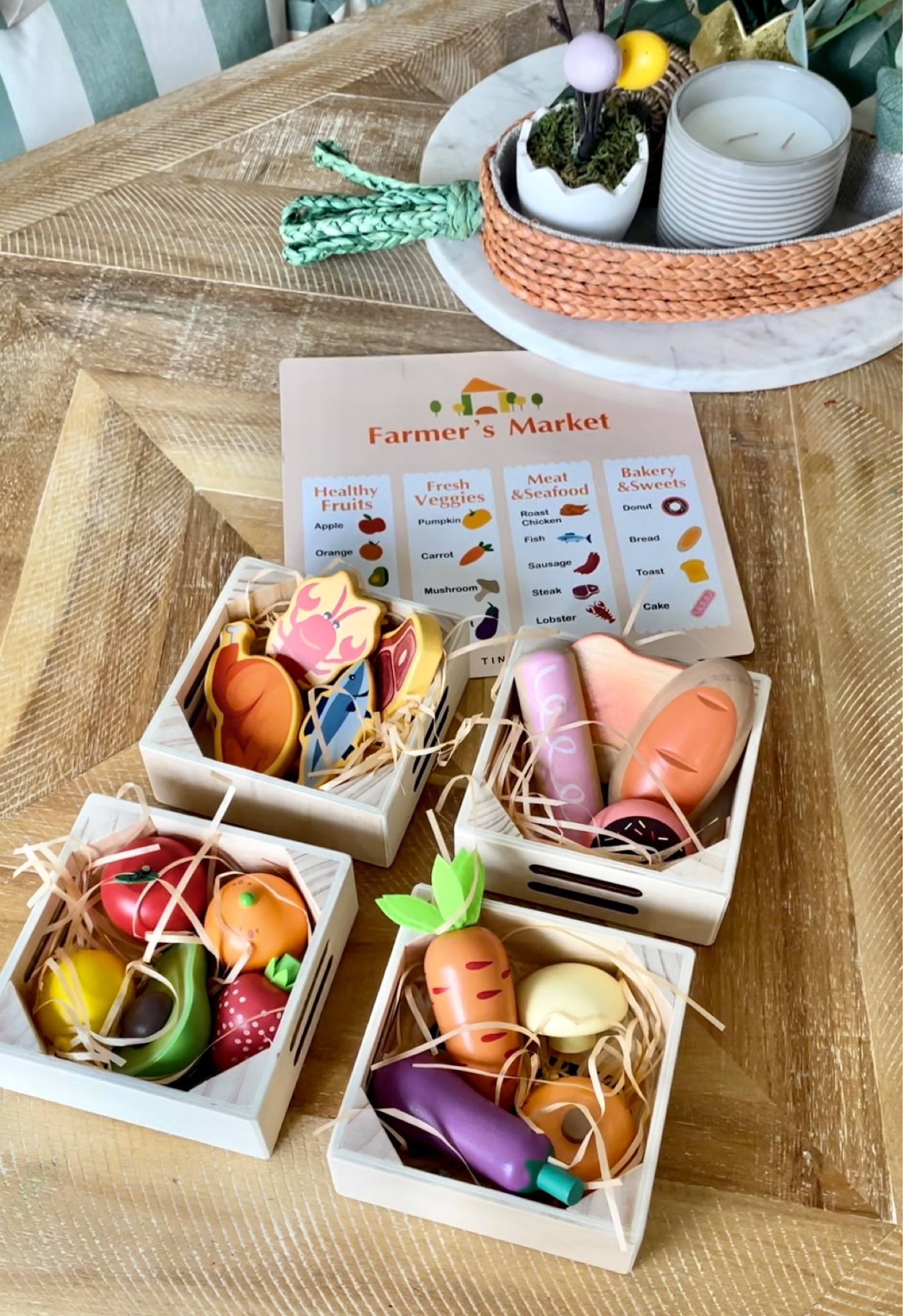Nontoxic wooden fruits, vegetable, meat/seafood & bakery treat set! These toys are such high quality #woodentoys #nontoxictoys 

#LTKKids #LTKBaby #LTKFindsUnder50