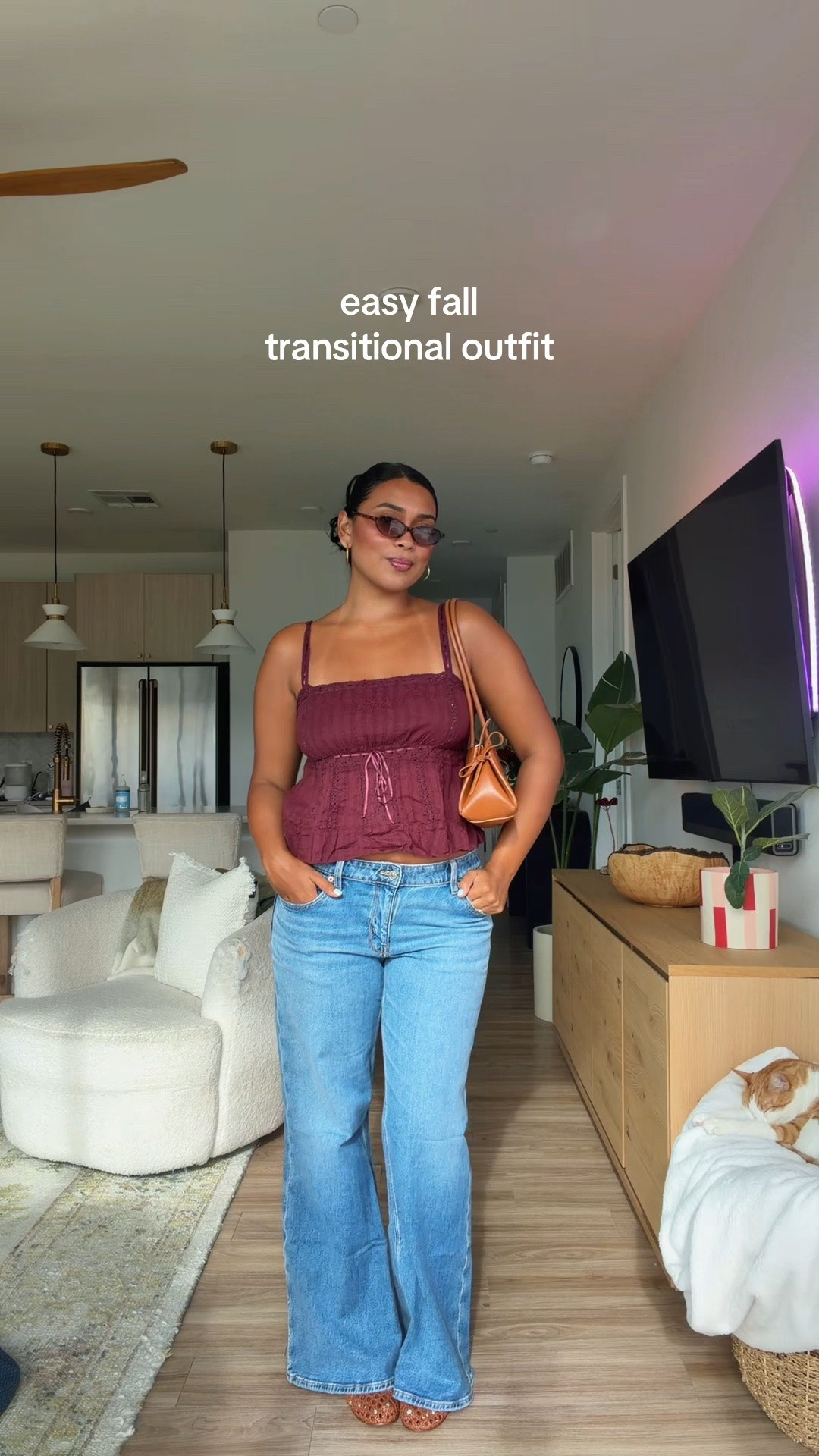 fall transitional outfit, fall coded but end of summer weather approved♥️ too & jeans are American Eagle! Jeans are stretchy and run true to size, wearing a US 10! & a M in the top

#LTKootd #LTKMidsize #LTKSeasonal