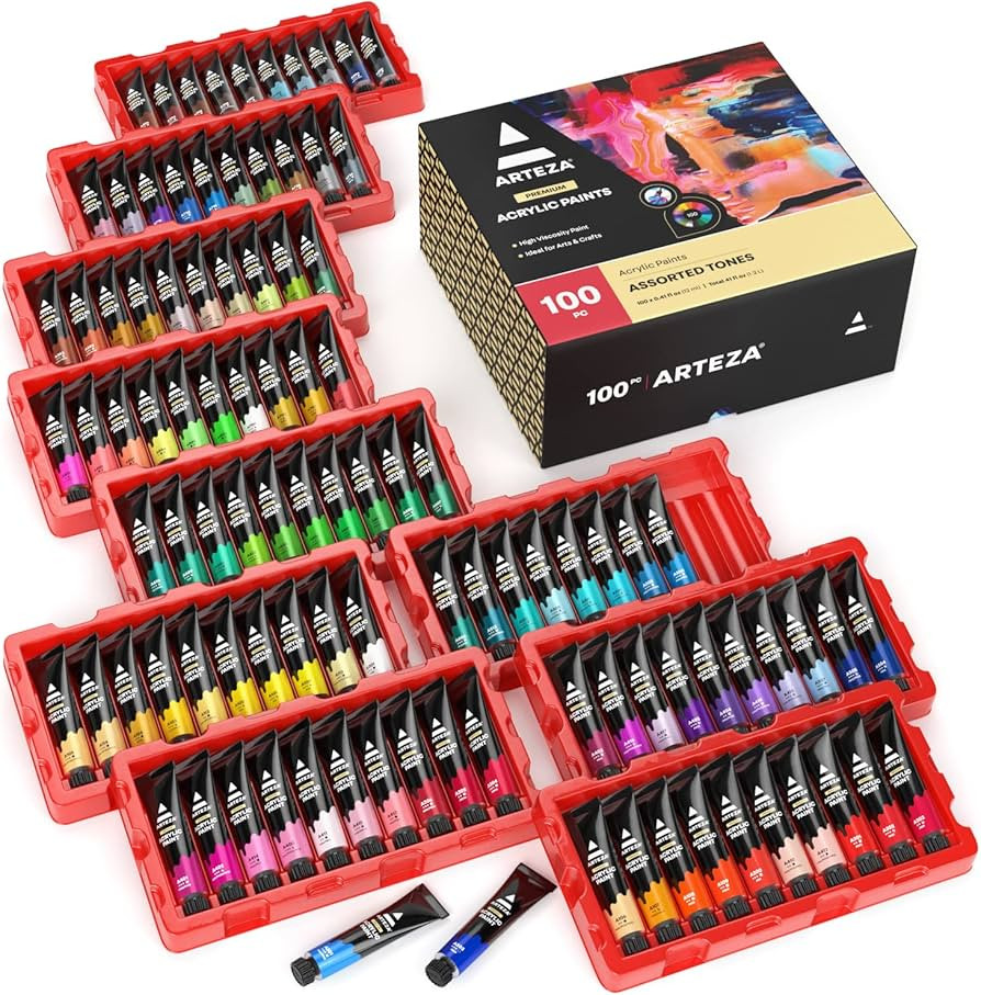 Arteza Acrylic Paint Set, 100 Colors, 0.41 fl Oz /12ml Tubes of Craft Paint, Heavy-Body, Glossy F... | Amazon (US)