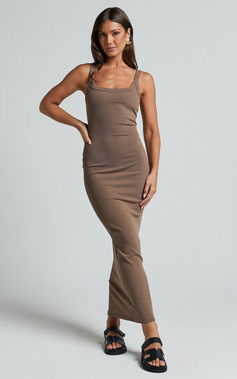 Archiena Maxi Dress - Scoop Neck Sleeveless Ribbed Singlet Dress in Mocha | Showpo (US, UK & Europe)