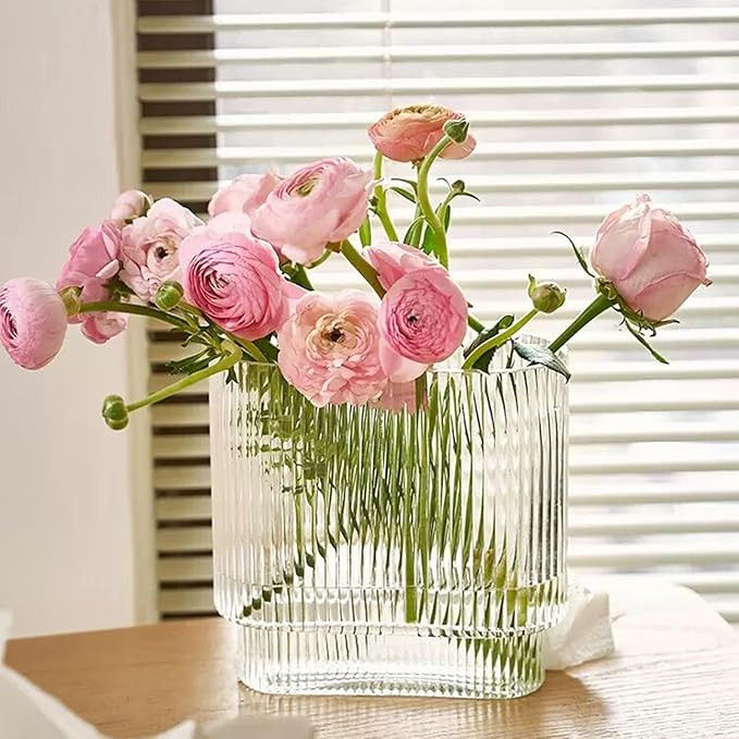 TOPZEA Ribbed Glass Vases, 8" Large Clear Modern Fluted Vases Wide Mouth Decorative Elegant Recta... | Amazon (US)