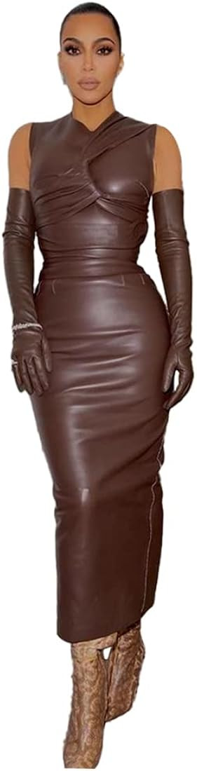 XLLAIS Party Leather Dress for Women Sexy O Neck Sleeveless Bodycon Maxi Long Dresses Outfits | Amazon (US)