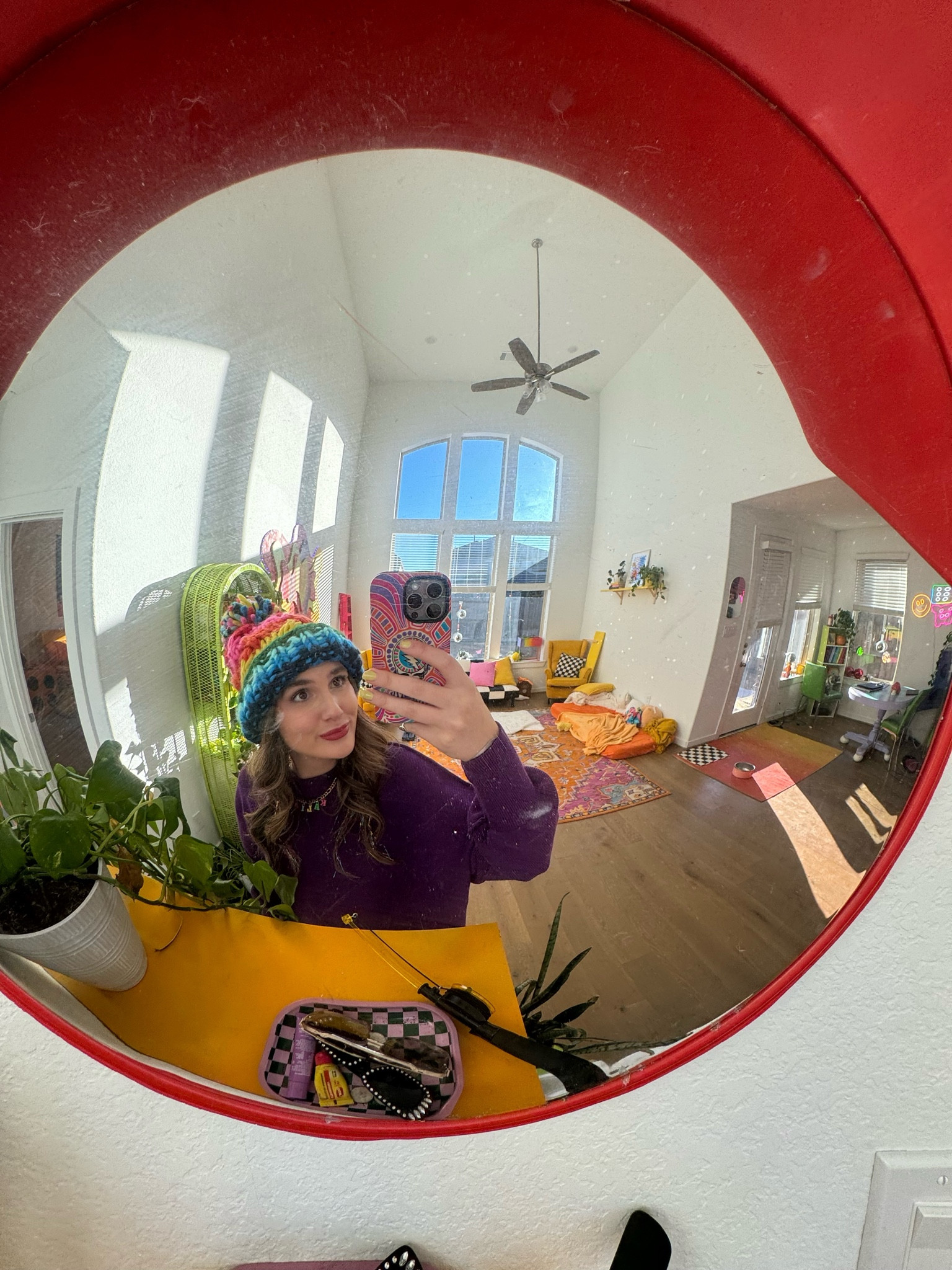 The BEST selfie mirror around!🥳 I love taking pictures in this mirror to show off my headwear- and my colorful living room!🌈✨ This funky mirror gives the room so much more space & I love checking it out before I leave the house!😉💞
