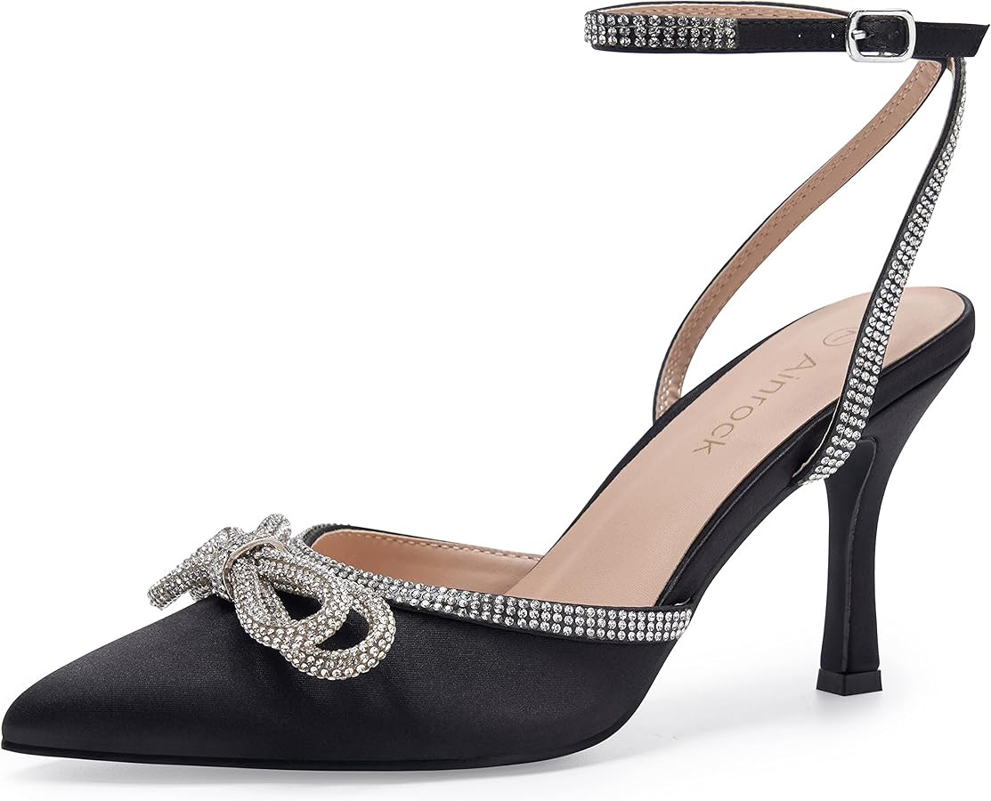 Women's Rhinestone Bow Heels Sparkly Wedding Closed Pointed Toe High Sexy Satin Stiletto Ankle St... | Amazon (US)