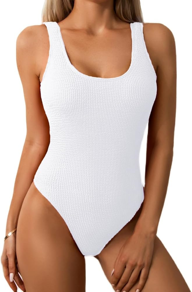 Limeeke Women One Piece Swimsuit Solid Ribbed Monokini Swimwear Scoop Neck Low Back Bathing Suit | Amazon (US)