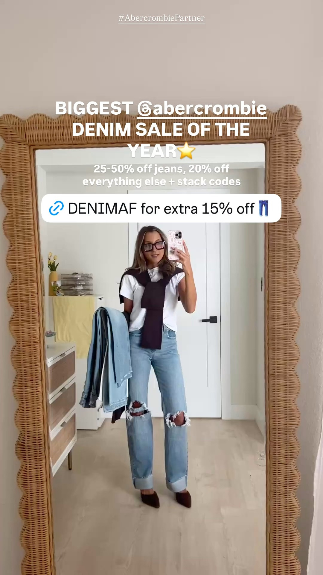#AbercrombiePartner the best time of the year to stock up on my favorite @abercrombie jeans for fall👖💕 25-50% off denim + 20% off almost everything else + codes stack use DENIMAF for an extra 15% off. wearing a 24 regular in all of these styles 

•Denim Promo: *Offer valid online only August 5, 2026 to August 10, 2026 in US/CA. Excludes clearance. Online price reflects discount.
•Extra 20% Off: *Offer valid in stores and online August 5, 2026 to August 10, 2026 in US/CA. Exclusions apply as indicated. Online price reflects discount.
•Promo Code: *Use code DENIMAF to get an additional 15% off almost everything in stores and online at checkout from August 5, 2026 to August 10, 2026 in US/CA. Exclusions apply. See details on