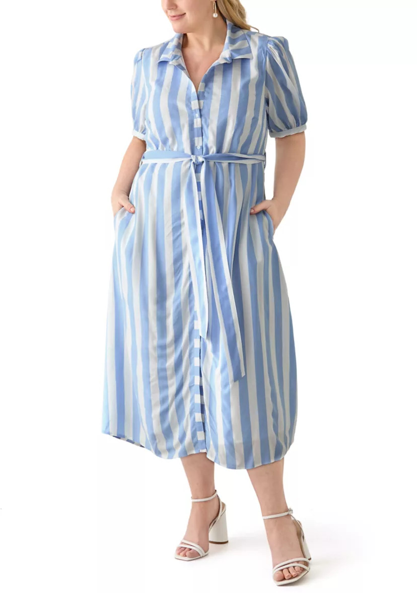 Plus Size Short Sleeve Yarn Dyed Belted Shirtdress | Belk