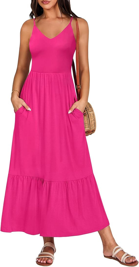 Kranda Women Summer Sleeveless Casual Long Maxi Vacation Beach Dresses V Neck Smocked Flowy Tiere... | Amazon (US)