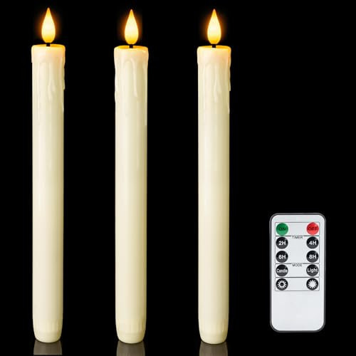 Homemory 3 Pcs Real Wax Flameless Taper Candles with Remote Timer and Dimmer, Battery Operated Candlesticks with Flickering Light, Ivory Window Candles, 9.6 Inches for for Wedding Home Decor | Amazon (US)