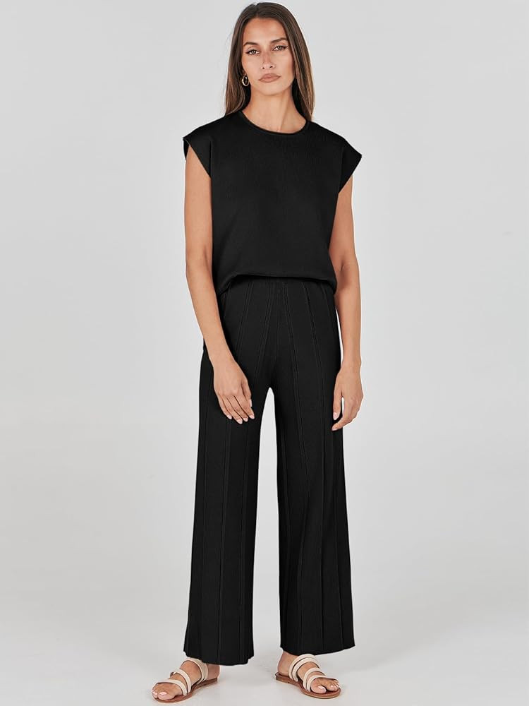 ANRABESS Women 2 Piece Outfits Casual Summer Sleeveless Tops Knit Pants Sweater Lounge Matching S... | Amazon (US)