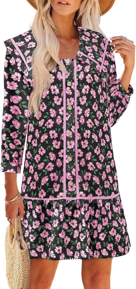 Wenrine Womens Casual Shirt Dresses 3/4 Long Sleeve Floral Button Down Flowy Babydoll Fall Mini D... | Amazon (US)