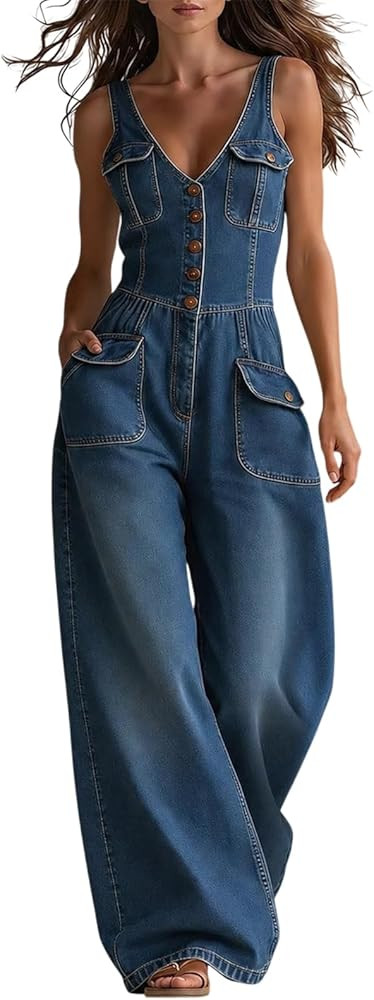 Beeswan Denim Jumpsuit for Women Sexy Sleeveless V Neck Camisole Smocked Waist Wide Leg Jean Jump... | Amazon (US)