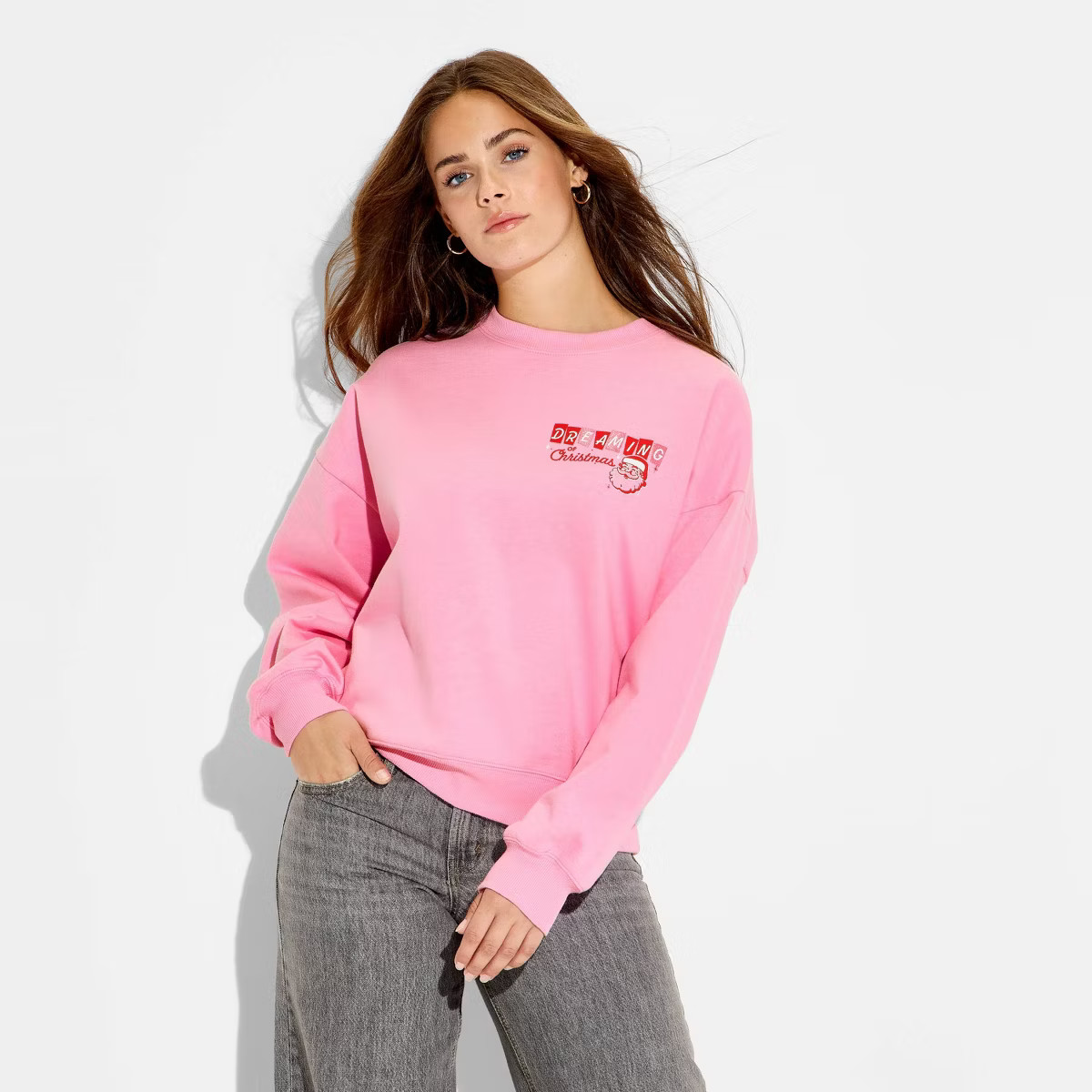 Women's Dreaming Santa Fleece Graphic Sweatshirt - Pink | Target
