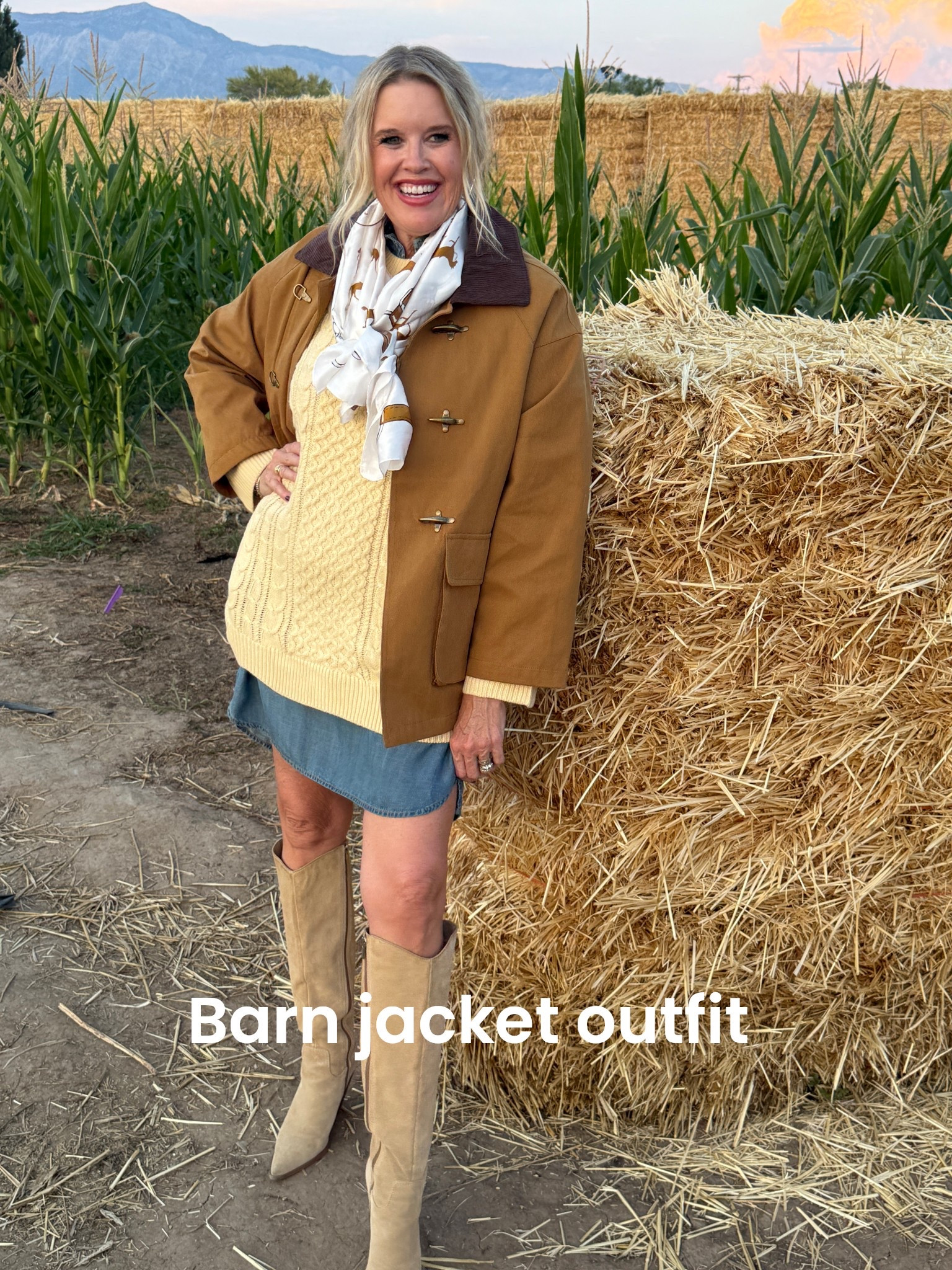 Fall outfit Inspo 

Can you believe this barn  jacket is under $50
The quality is amazing, I love the corduroy collar detail and the brass buckle button detail’
This quality is really amazing !
Fits tts I am in a med, I could have sized down to a small.. but I like to layer under slot.

Cable knit sweater (worn as a dress) by layering a chambray dress under  $30
Sweater is another affordable find , that’s high quality and fits tts. Comes in a couple colors. Tts I am in a med.

Chambray dress (old) Anthropologie, I linked similar 

Boots by dolce vita tts 

Horse  & horse bit silk scarf another great affordable Amazon find . 

#LTKFindsUnder50 #LTKSaleAlert #LTKOver40