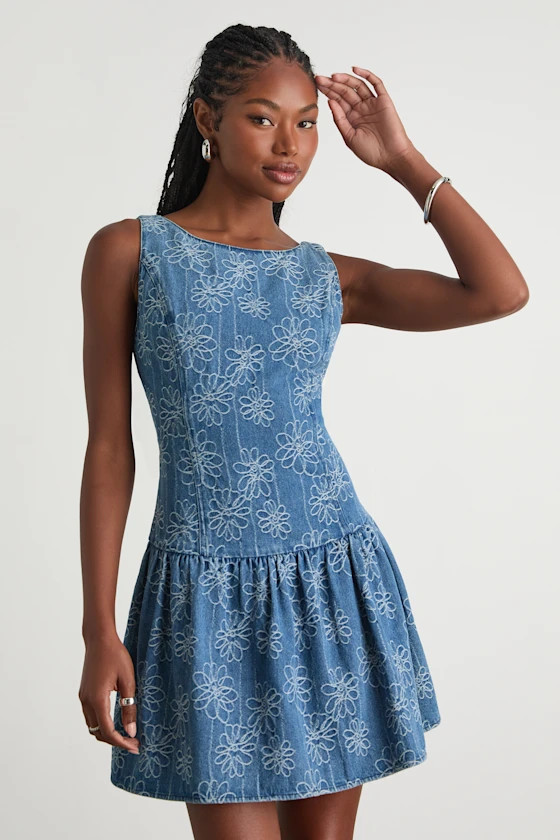 Kodi Medium Wash Floral Denim Drop Waist Mini Dress | Lulus