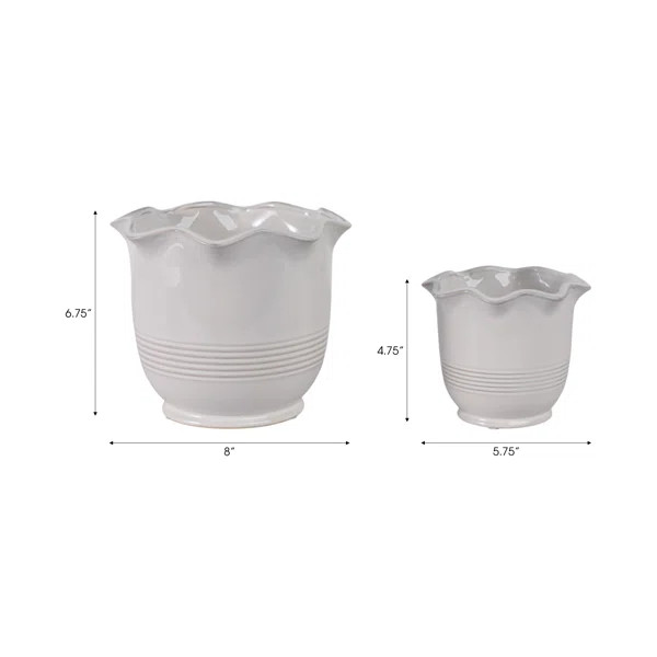 Planter Ceramic Scalloped Rim Ribbed Design Set Of 2 (Set of 2) | Wayfair North America