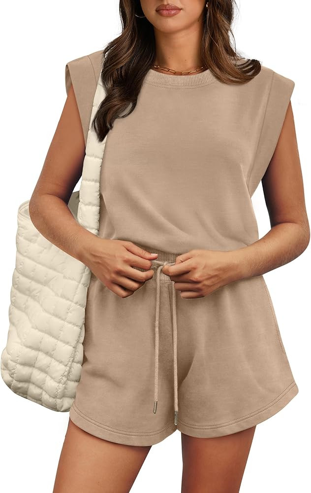 OFEEFAN Rompers for Women Summer Cap Sleeve Adjustable Drawstring Waistband Crewneck Casual Outfi... | Amazon (US)