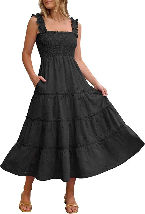Caracilia Womens Summer Midi Dress Casual Square Neck Sleeveless Eyelet Smocked A Line Tiered 202... | Amazon (US)