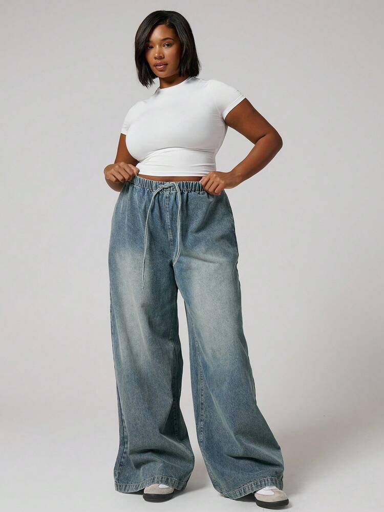 MUSERA Plus Size Washed Wide Leg Denim Tie Waist Jeans Everyday Casual | SHEIN