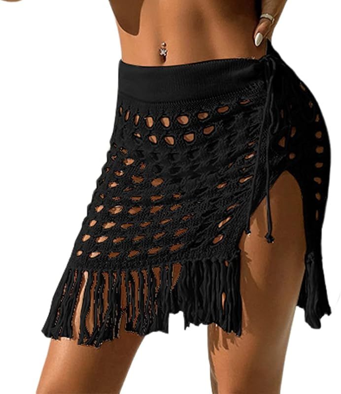 ZAFUL Women's Crochet Bikini Cover Up Skirt Tassel Knit Mini Beach Drawstring Side Swimsuit | Amazon (US)