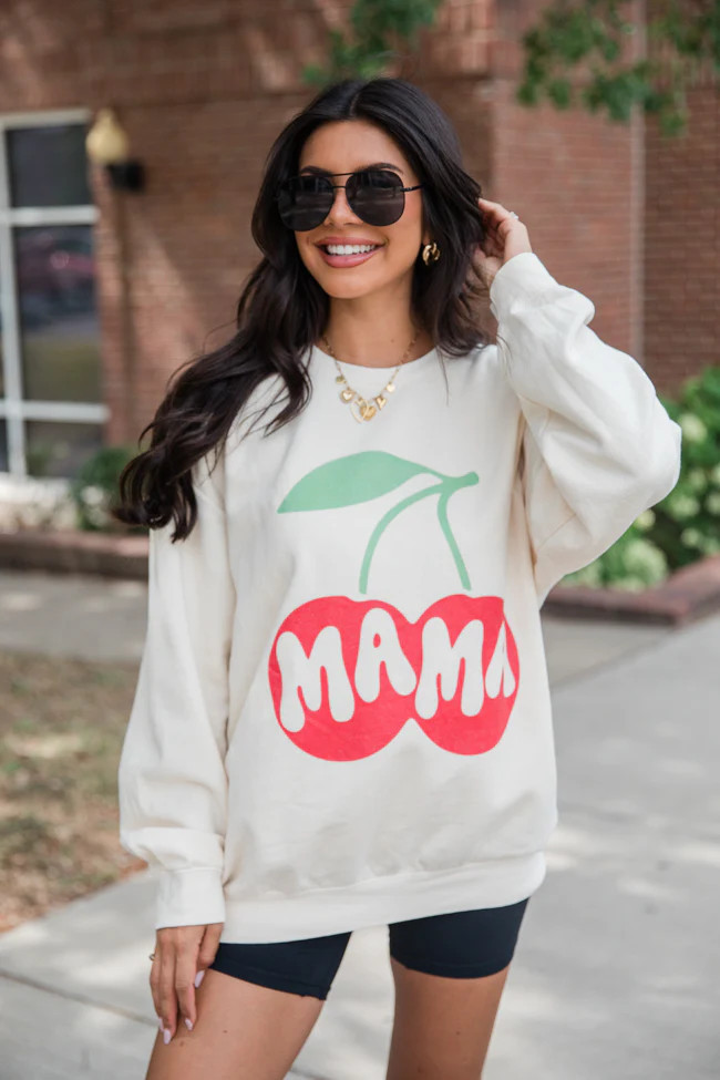 Mama Cherry Cream Oversized Graphic Sweatshirt | Pink Lily