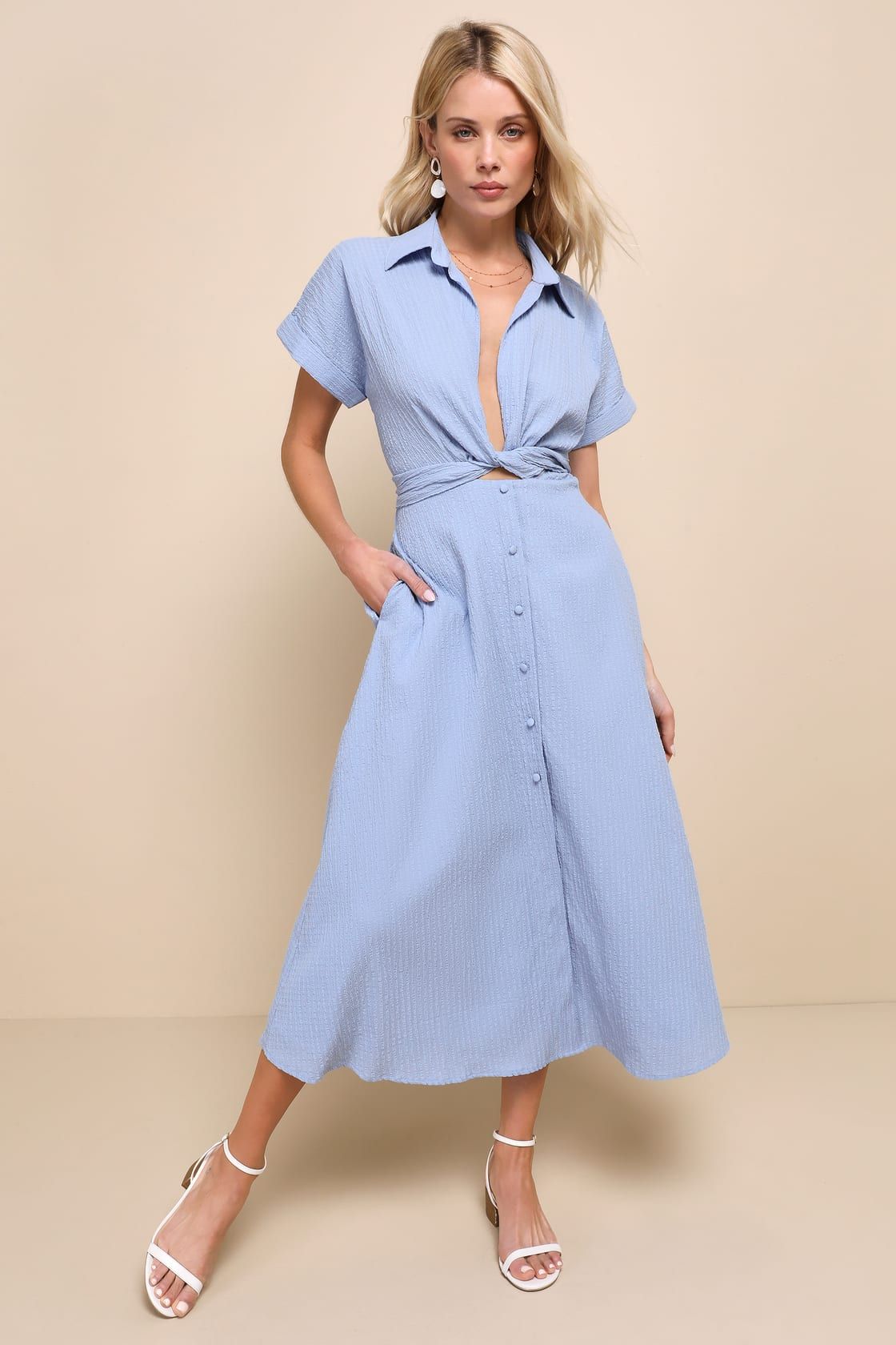 Palermo Perfection Light Blue Collared Midi Dress with Pockets | Lulus