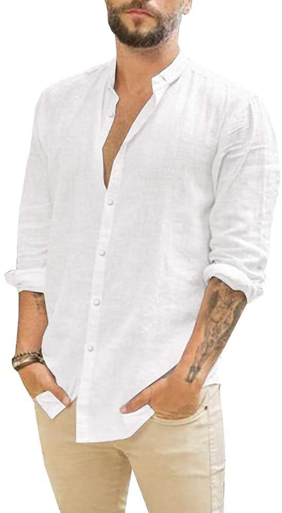 Mens Casual Long Sleeve Cotton Linen Shirts Buttons Down Solid Plain Roll-Up Sleeve Summer Beach ... | Amazon (US)