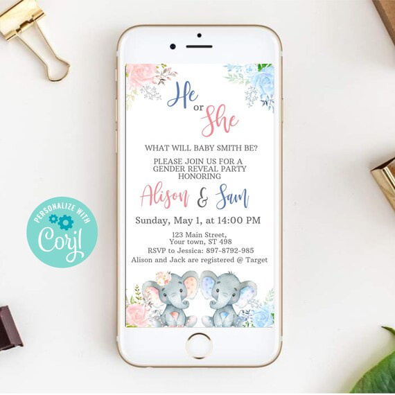 Elephant Gender Reveal Party Evite Boy or Girl Gender Reveal Electronic Invite He Or She Gender R... | Etsy (US)
