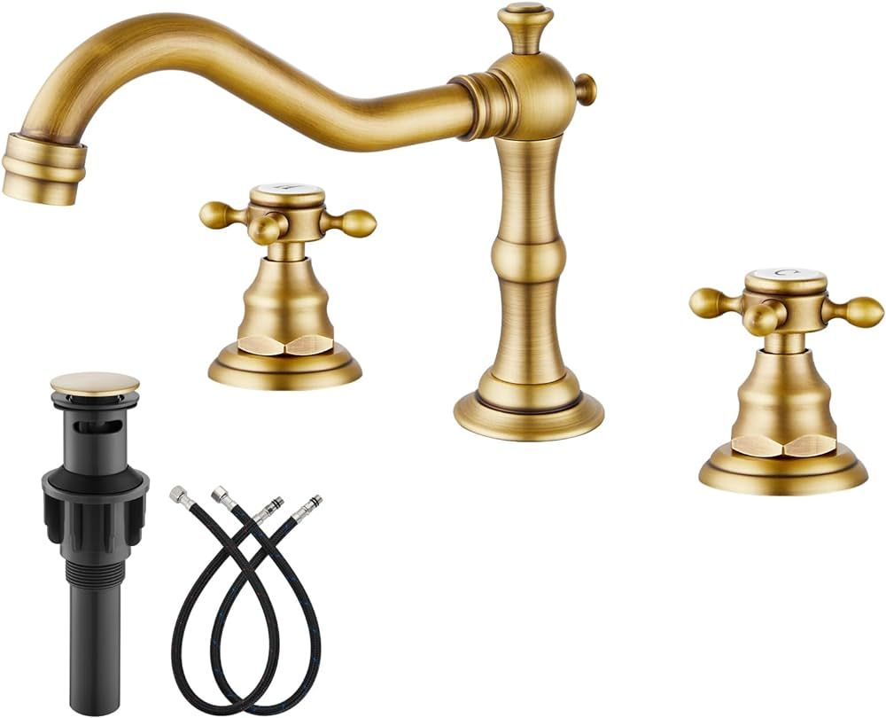 gotonovo Antique Brass Widespread Double Cross Knobs Two-Handle Mixing Tap 3 Hole with Pop Up Dra... | Amazon (US)