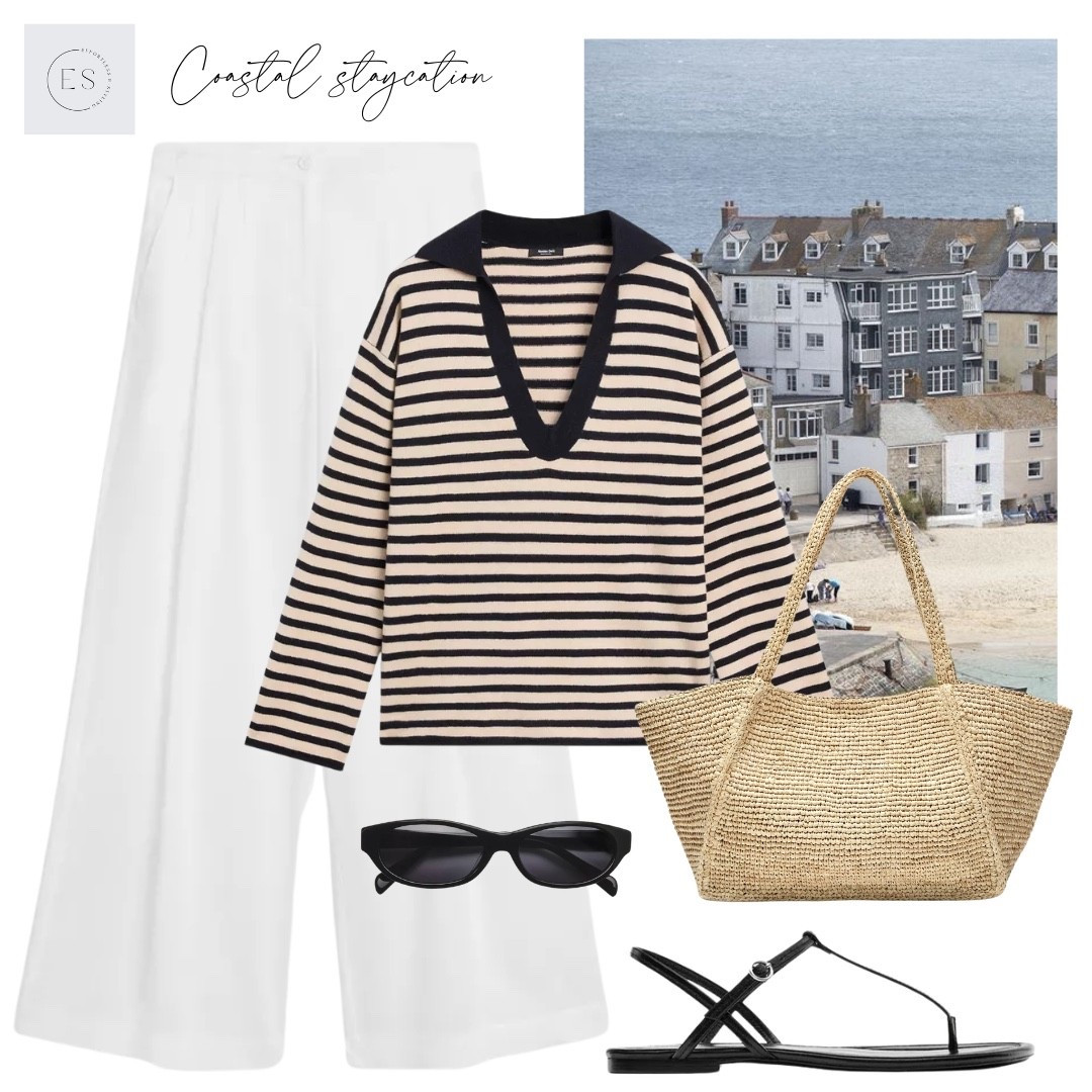 Casual Spring outfit. 

White wide leg flowing linen trousers, raffia tote bag, slim black sunglasses, striped v neck knit sweater, black leather minimal strappy sandals. 

#LTKspring #LTKuk #LTKstyletip