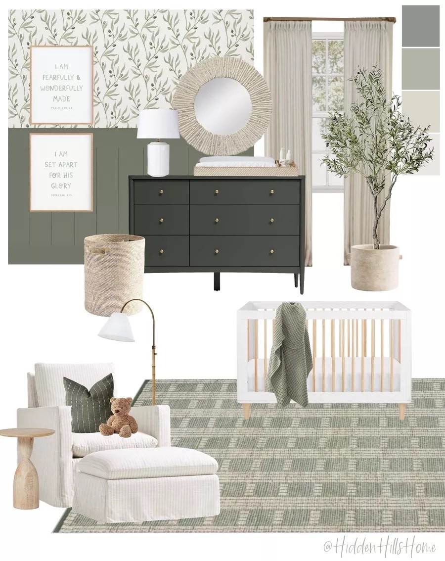 Nursery decor, nursery mood board, baby’s room decor ideas, nursery design, green nursery decor, gender neutral nursery #nursery Paint Color is SW Dried Thyme 

#LTKSaleAlert #LTKHome #LTKBaby