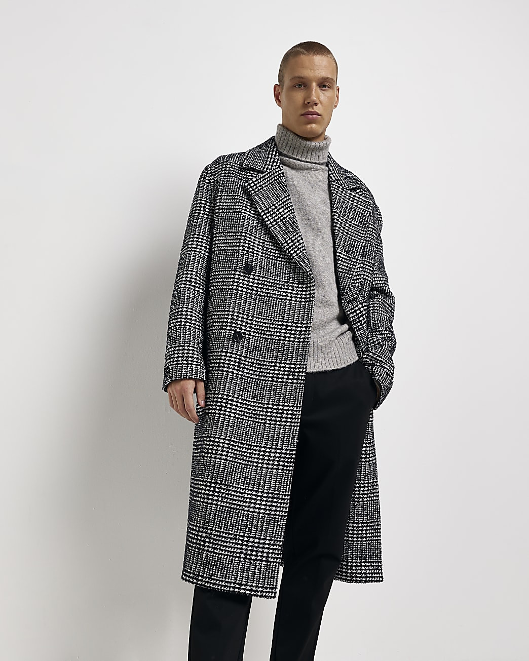 Grey regular fit check wool blend overcoat | River Island (US)